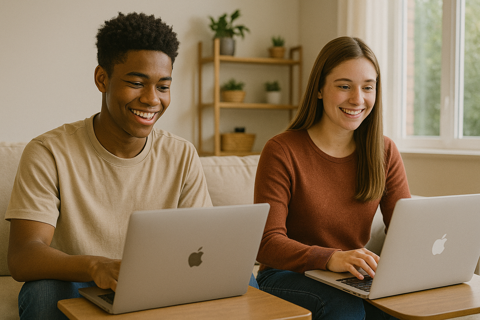 Two students working on college essays with laptops